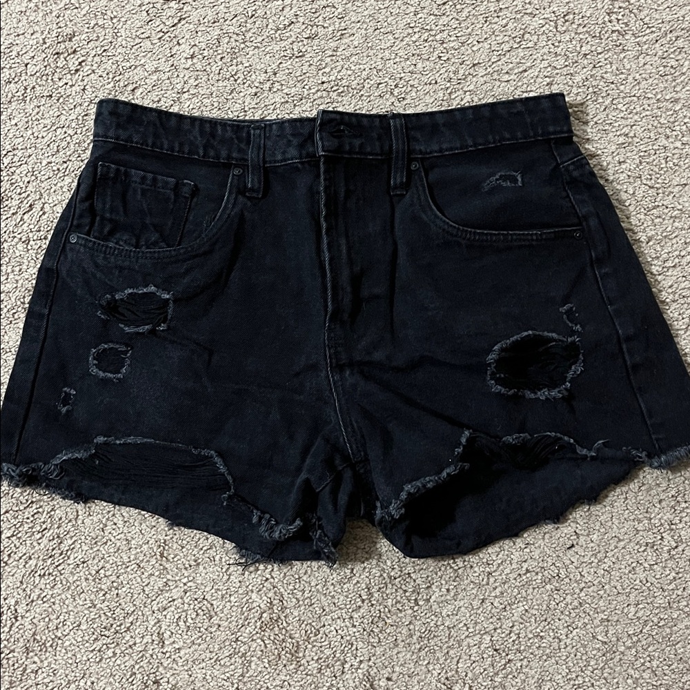 Distressed Black Denim Shorts
